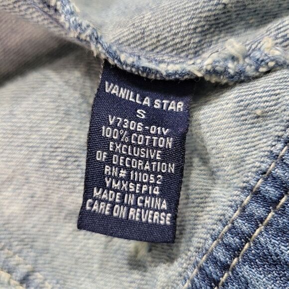 Vanilla Star Blue Acid Wash Ripped Distressed Boho Cropped Denim Jean Jacket - Picture 4 of 5